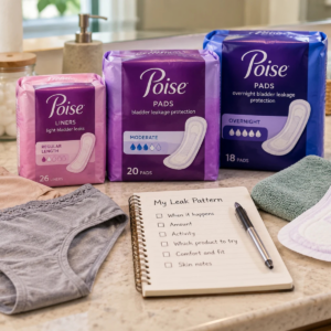 Organized bladder leak pad supplies, clean underwear, and disposal bags in a bathroom storage cabinet.