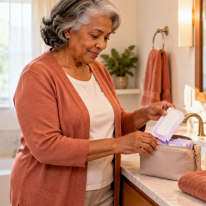 Older woman preparing a discreet pouch with bladder leak pads and spare underwear in a bathroom.