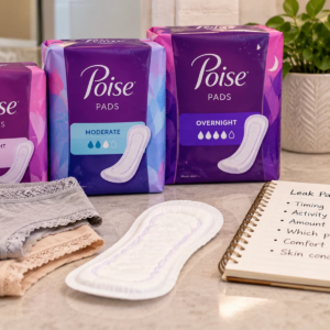 Bladder leak protection pads and liners arranged with clean underwear on a bathroom countertop.