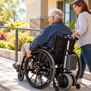 Mobility specialist checking Power Assist for Wheelchair compatibility and mounting on a manual wheelchair.