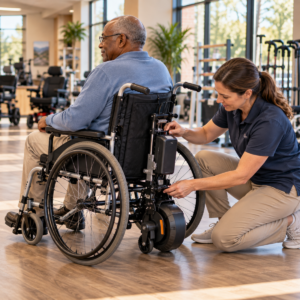 Older woman using a manual wheelchair with a Power Assist for Wheelchair attachment on an accessible outdoor pathway