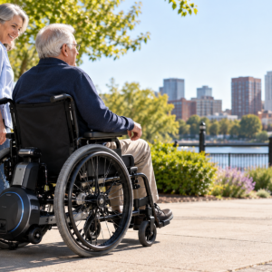 Technician inspecting Power Assist for Wheelchair mounting hardware and motorized components during professional maintenance.