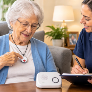 Occupational therapist checking the reach and fit of a personal emergency response wrist button with an older man.