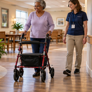 Original editorial image showing rollators for elderly in a realistic accessible setting without logos or private information.