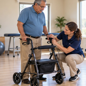 Original editorial image showing rollators for elderly in a realistic accessible setting without logos or private information.