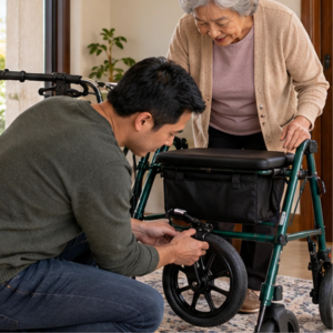 Original editorial image showing rollators for elderly in a realistic accessible setting without logos or private information.