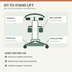 Occupational therapist checking the knee support and footplate of a sit-to-stand patient lift before supervised use.