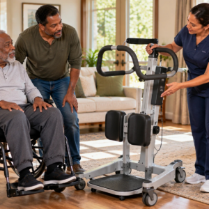 Physical therapist and family caregiver assessing a sit-to-stand patient lift with an older wheelchair user.
