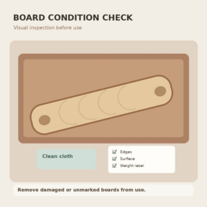 echnician inspecting a wooden sliding transfer board for damage beside a maintenance checklist.