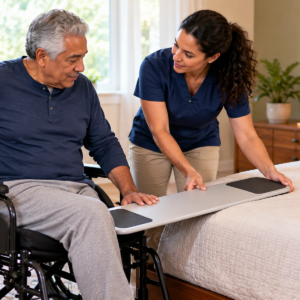 Occupational therapist assessing a sliding transfer board with an older wheelchair user beside a therapy bed.