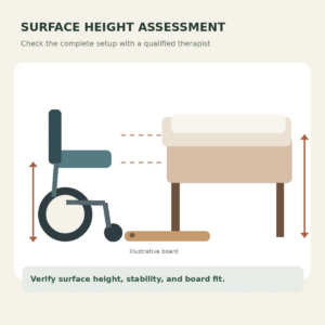 Physical therapist measuring wheelchair and bed height with a sliding transfer board nearby.
