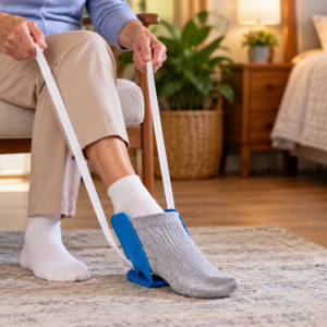 Hands pulling sock aid straps while a person remains seated
