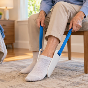 Person seated in a sturdy chair preparing an ordinary sock on a sock aid