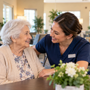 Older woman and adult son touring a welcoming memory care community with a staff guide.