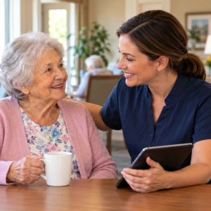 Family member and memory care professional reviewing an individualized resident care plan.