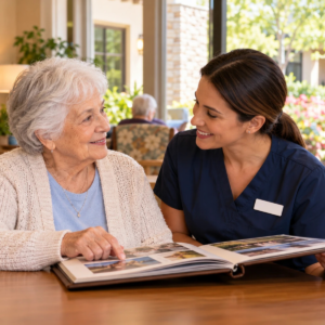 Older woman and adult daughter preparing questions before visiting a memory care community.