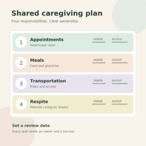 Family caregiving task map illustrating shared responsibilities, backup helpers, and planned reviews.