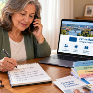 Caregiver organizing household documents and appointment notes for a Pennsylvania support program application.
