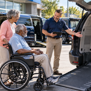 Original editorial image showing wheelchair accessible vehicle converters in a realistic, accessible setting without logos or private information.