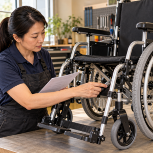 Older woman comparing manual and lightweight wheelchair specifications before buying a Wheelchair at Walmart.