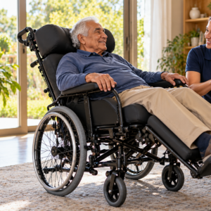 Original editorial image showing wheelchair recliner in a realistic accessible setting without logos or private information.