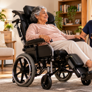 Original editorial image showing wheelchair recliner in a realistic accessible setting without logos or private information.