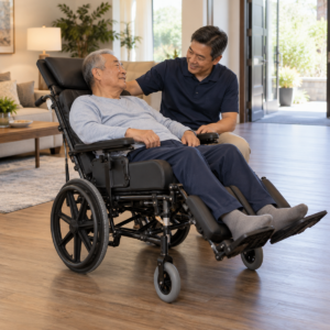 Original editorial image showing wheelchair recliner in a realistic accessible setting without logos or private information.