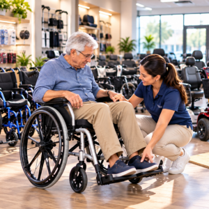 Older wheelchair user receiving an individualized seating and mobility assessment in a specialized wheelchair showroom.