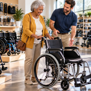 Older woman comparing manual and electric wheelchair models with a specialist at a professional wheelchair store.