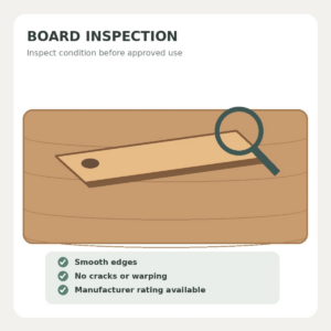 Medical equipment technician inspecting the edges and surface of a wooden wheelchair transfer board during routine maintenance.